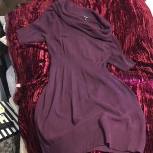 Purple light weight knit dress with cowl neck .